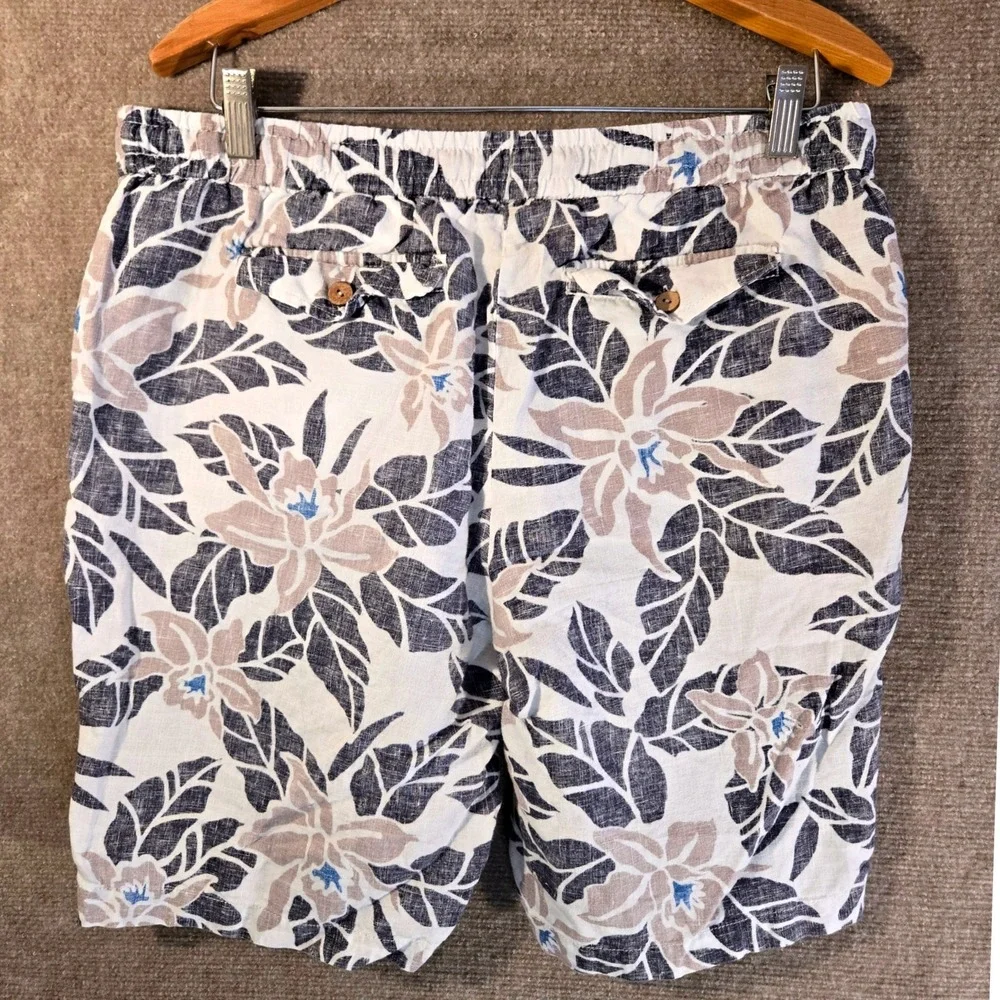 Tommy Bahama Mens Tropical 100%‎ Linen Floral Shorts White Blue Hibiscus Size M